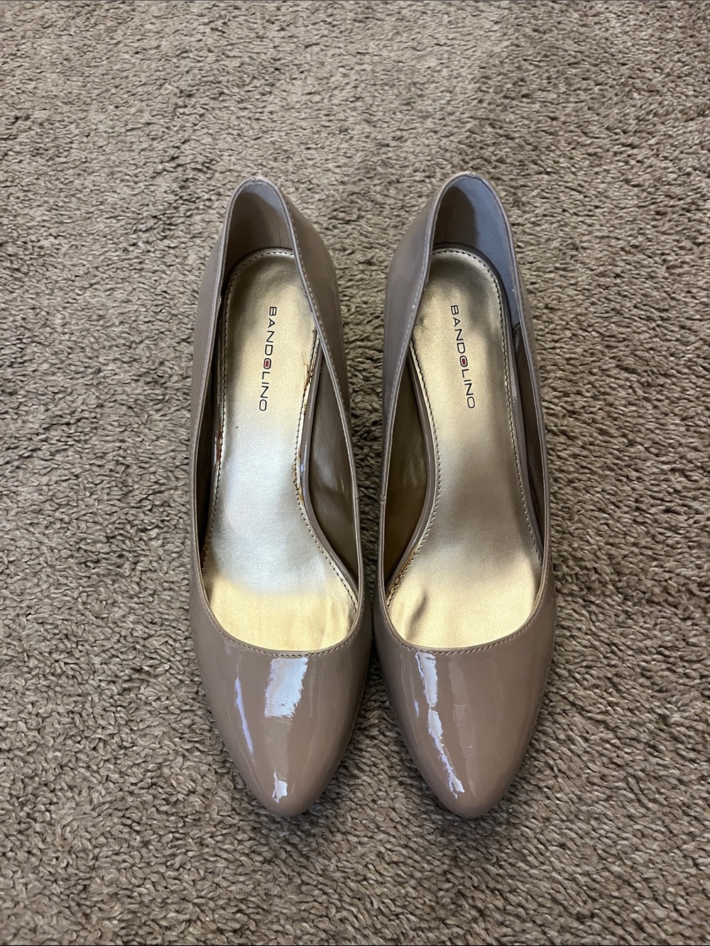Bandolino Taupe Patent Rounded Toe Pumps
